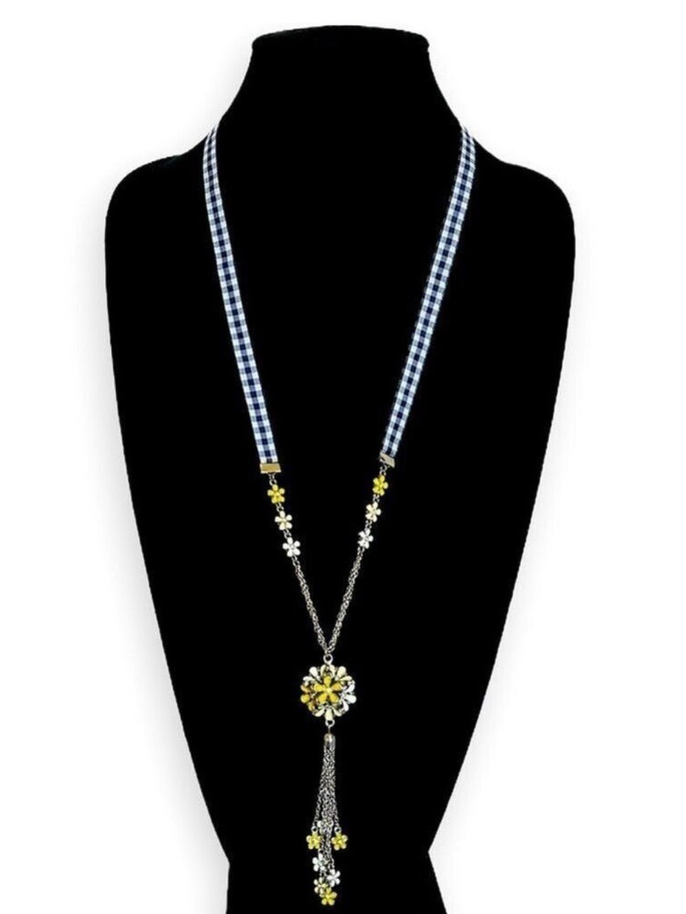 Talbots Blue Gingham Daisy Lariat Necklace